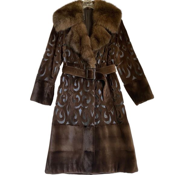 Vintage Sable Mink Fur Coat Full Length Women M Brown Belted Leather Luxury - Picture 2 of 15